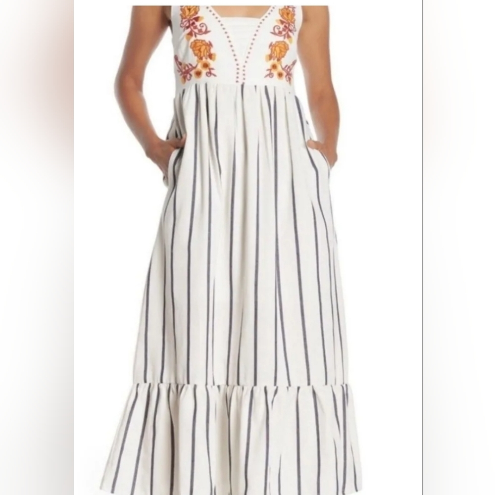 Small Floral Embroidered Navy Striped Dress by MELLODAY